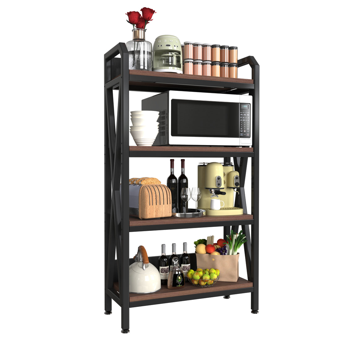 56.30'' Bakers Rack 4-Level Storage Shelves Metal and Wooden Kitchen Shelves, Kitchen Organizers and Storage, for Garage, Pantry, Bathroom, Closet ,33.50'' Length 