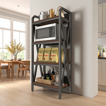 56.30'' Bakers Rack 4-Level Storage Shelves Mental and Wooden Kitchen Shelves, Kitchen Organizers and Storage, for Garage, Pantry, Bathroom ,25.60'' Length 