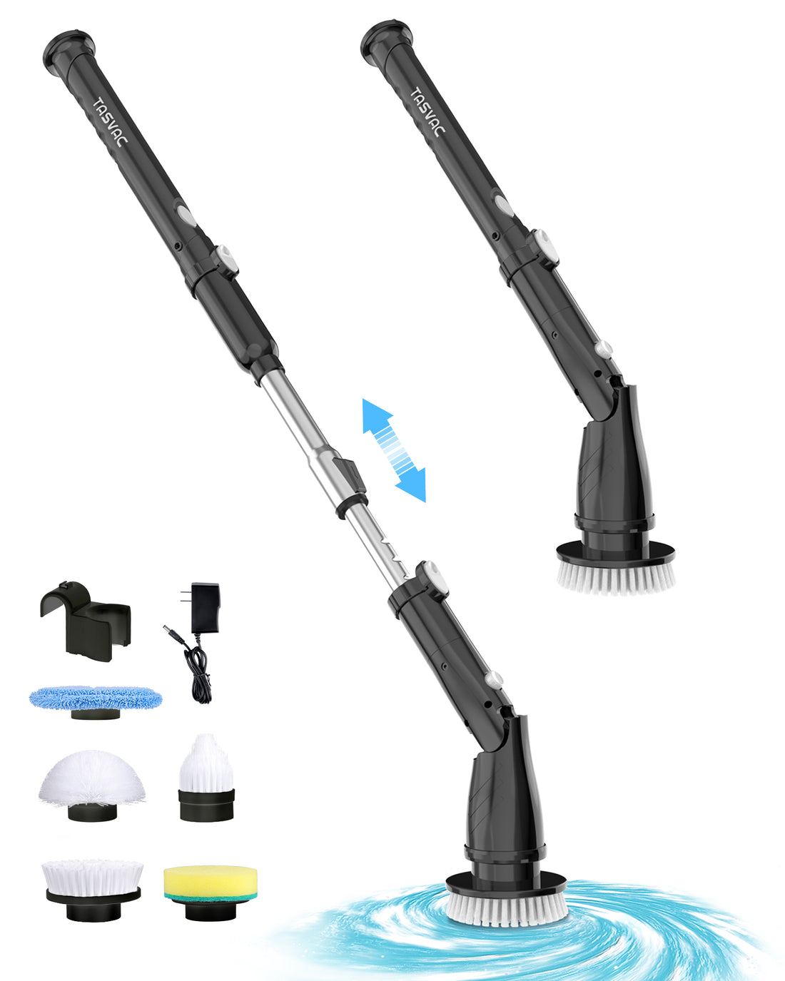 BLACK Electric Spin Scrubber, Cordless Cleaning Brush with 5 Replaceable Heads, 450 RPM, Adjustable Telescopic Handle, 90min Runtime