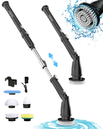 BLACK Electric Spin Scrubber, Cordless Cleaning Brush with 5 Replaceable Heads, 450 RPM, Adjustable Telescopic Handle, 90min Runtime