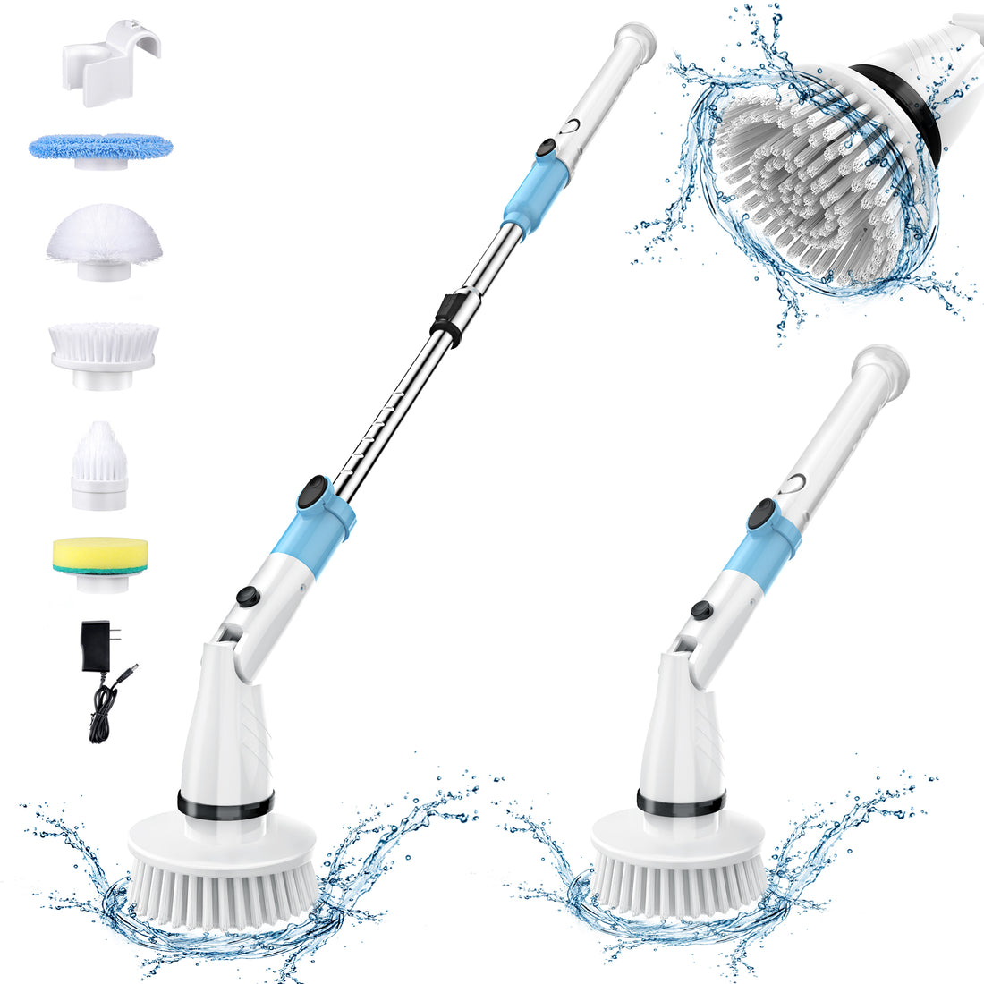 BLACK Electric Spin Scrubber, Cordless Cleaning Brush with 5 Replaceable Heads, 450 RPM, Adjustable Telescopic Handle, 90min Runtime