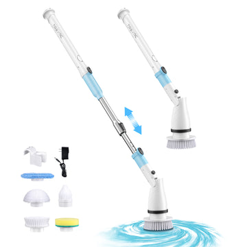 BLACK Electric Spin Scrubber, Cordless Cleaning Brush with 5 Replaceable Heads, 450 RPM, Adjustable Telescopic Handle, 90min Runtime