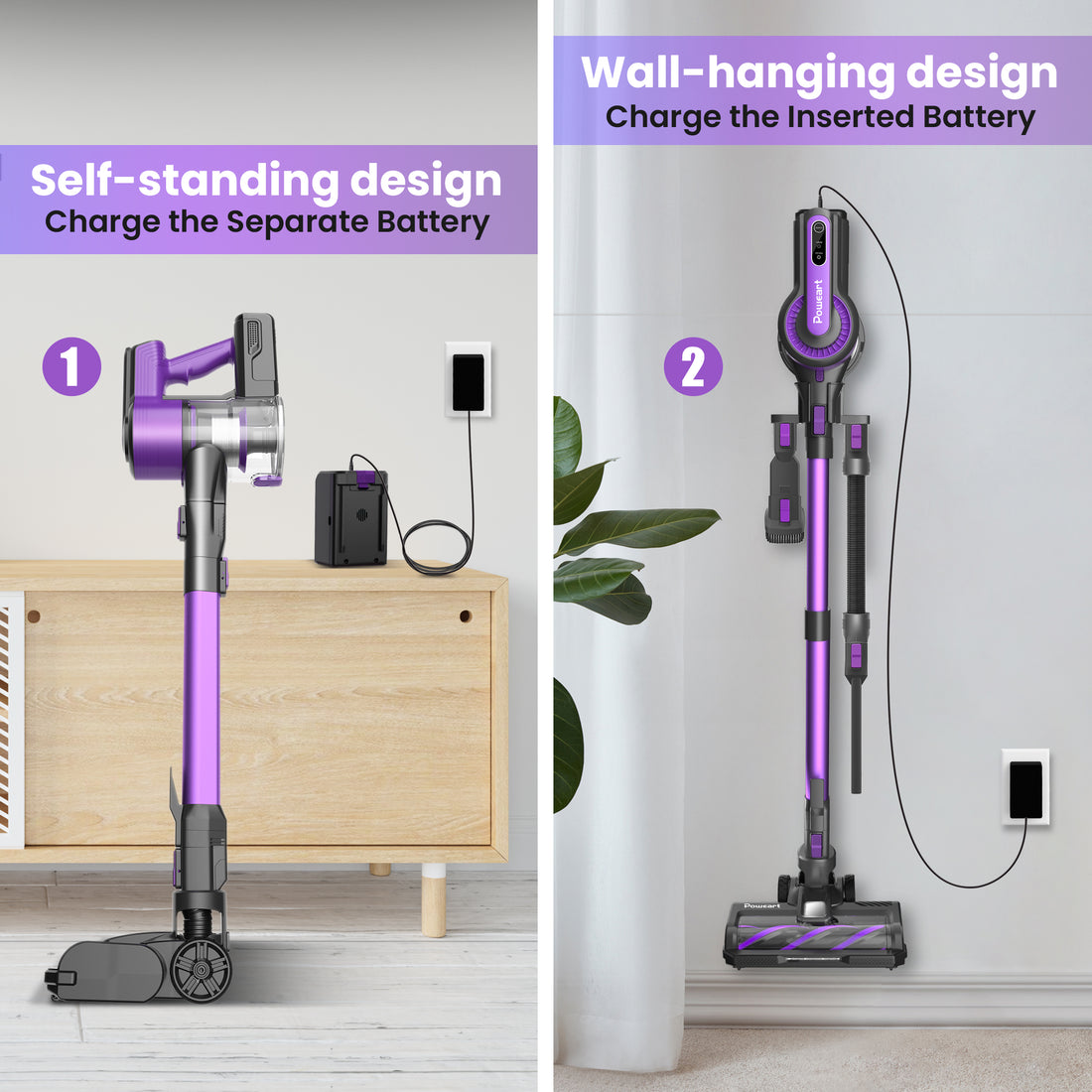 Purple Cordless Vacuum, 30KPa Suction, 350W Motor, 8-in-1 Cleaner
