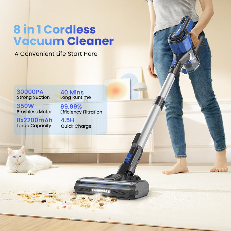 BLUE Cordless Vacuum, 30KPa Suction, 350W Motor, 8-in-1 Cleaner