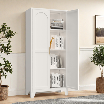 61'' 2 Shapely Doors Cabinet, Metal Storage Cabinet with Doors and Adjustable Shelves, for Bedroom, Living Room(White)