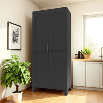 61'' 2 Shapely Doors Cabinet, Metal Storage Cabinet with Doors and Adjustable Shelves, for Bedroom, Living Room(Black) 