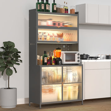 73'' Tall Kitchen Pantry Cabinet , 6 Level Flip Door with Pegboard Spacious, Adjustable & Stylish Metal Pantry Storage Cabinet, Anti-Tip Design Hutch for Kitchen, Dining Room, Living Room(Grey)
