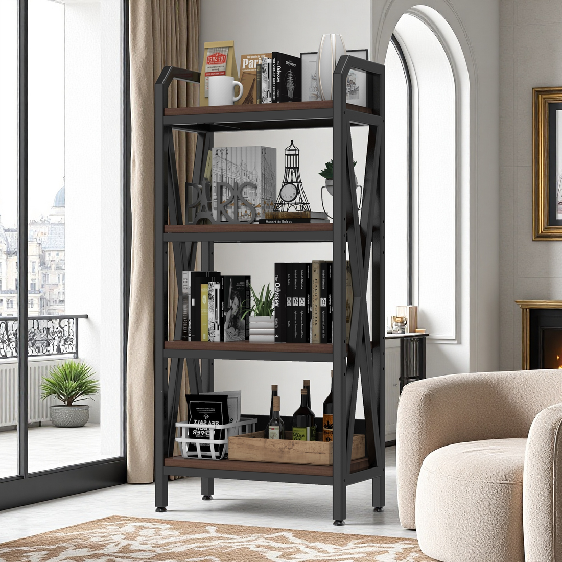 56.30'' Bakers Rack 4-Level Storage Shelves Mental and Wooden Kitchen Shelves, Kitchen Organizers and Storage, for Garage, Pantry, Bathroom ,25.60'' Length 