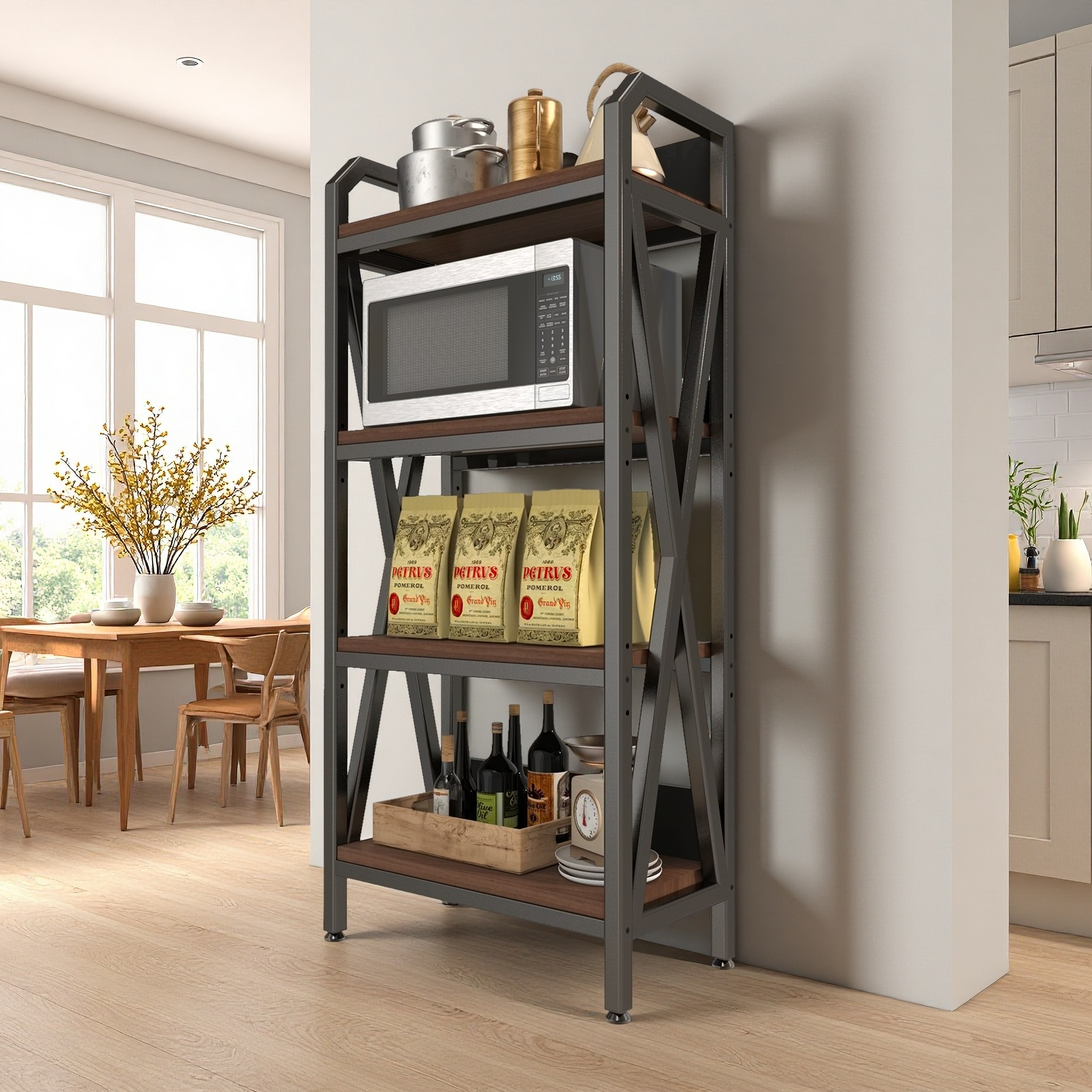 56.30'' Bakers Rack 4-Level Storage Shelves Mental and Wooden Kitchen Shelves, Kitchen Organizers and Storage, for Garage, Pantry, Bathroom ,25.60'' Length&nbsp;